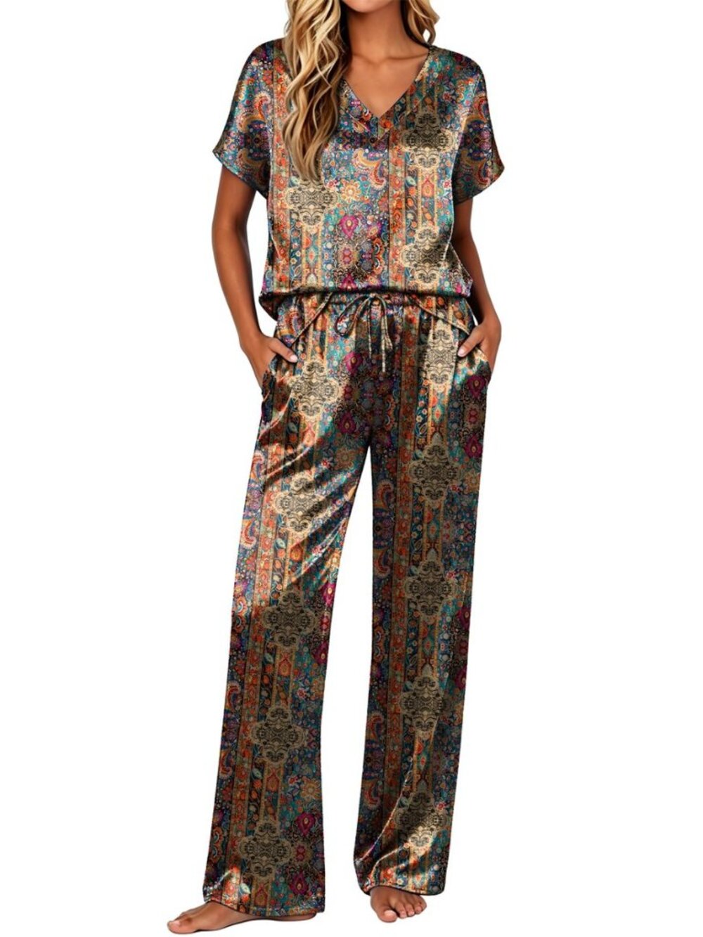 Womens Silk Pajamas Set 2 Piece Satin Pjs Cap Sleeve Loungewear